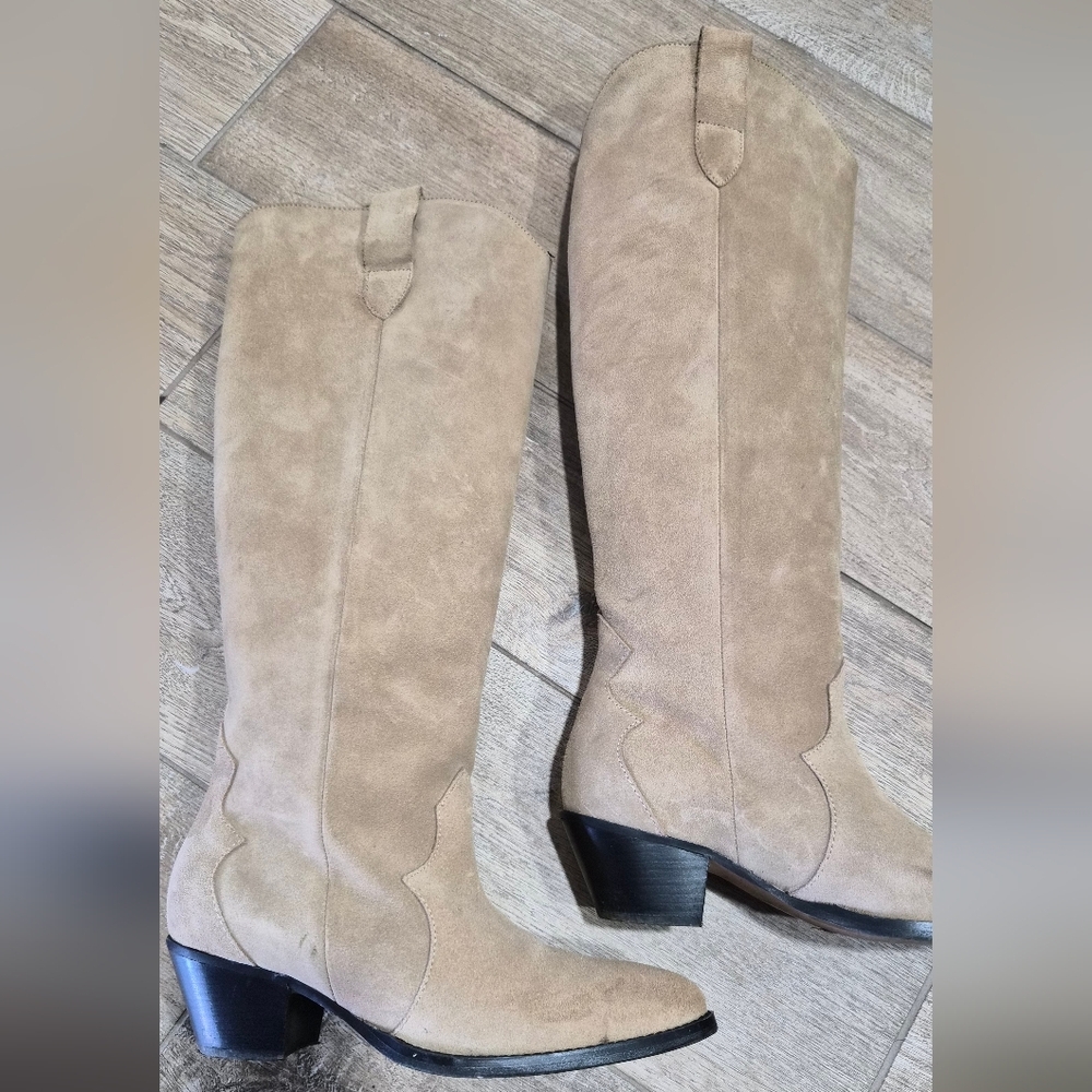 Anthropologie Knee High Beige Suede Western Boot Size 38 - Picture 6 of 10